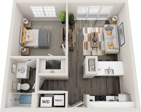 Floor plan for 1 bed, 1 bath, 645 sqft